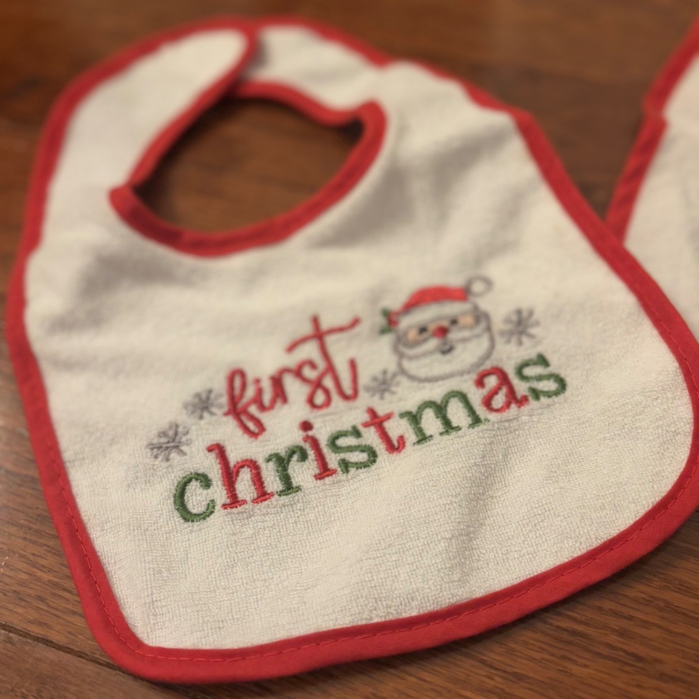 Baby First Christmas First Valentines Day Bibs Set Santa Hearts‎ Red Trim